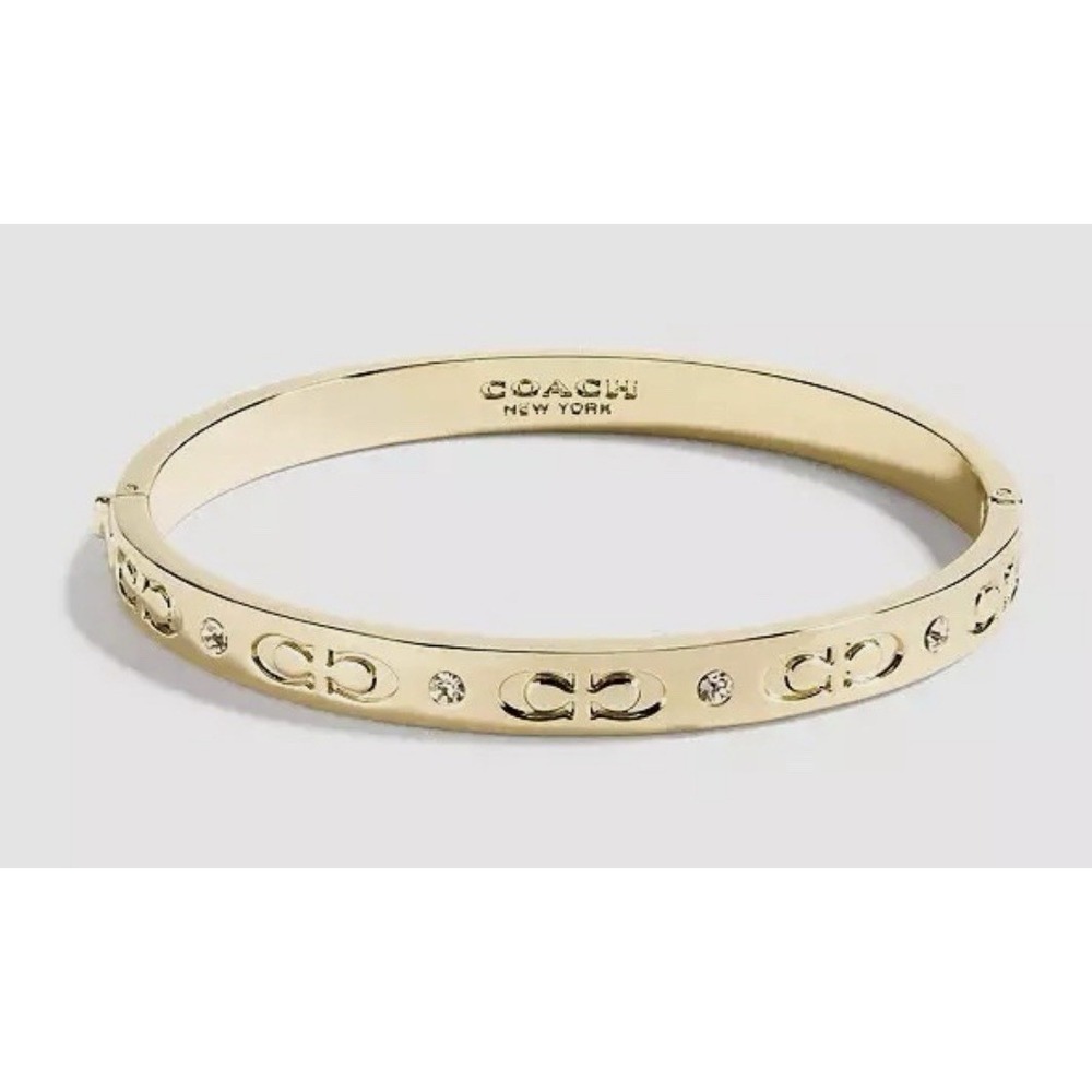 COACH KISSING Logo C HINGED BANGLE Gold Bracelet Stackable & Clear Stones